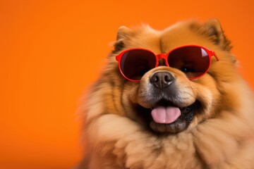 Portrait Chow Chow Dog With Sunglasses Orange Background . Cutest Pet, Chow Chow, Sunglasses, Orange Background, Artistic Photo, Dog Groomers, Fashionable Pets, Canine Photography