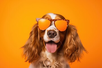 Portrait Harrier Dog With Sunglasses Orange Background . Sunglasses Fashion For Pets, Portrait Photography Tips, Harrier Dogs, Orange Backgrounds, Colorful Pet Accessories, Photo Editing Basics - obrazy, fototapety, plakaty