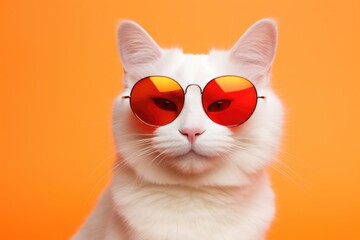 Portrait White Cat With Sunglasses Orange Background . Portrait Photography Of Cats, Cat Fashion Trends, White Cats, Funny Cat Accessories, Orange Background Photography, The Power Of Sunglasses