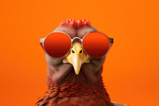 Portrait Turkey With Sunglasses Orange Background . Posing With Style, Photo Magic With Turkey, Express Yourself In Portraits, Eye For Detail For Orange Backdrop, Add A Pop Of Color To Photos