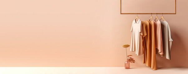 Fashionable capsule wardrobe in beige and white colors on a hanger. copy space. 