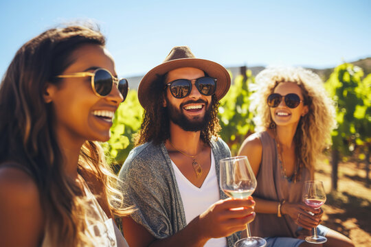 Group of happy friends tasting wine in a vineyard. 