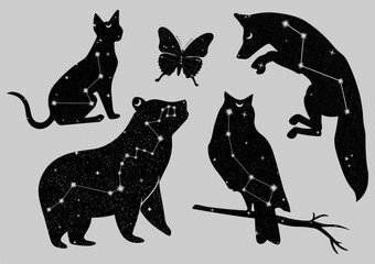 Set of animal universe silhouttes of owl, cat, butterfly, fox, bear with constellation. Magic, astrology concept. Tarot card style vector illustartion. For logo, poster, postcard, business card object