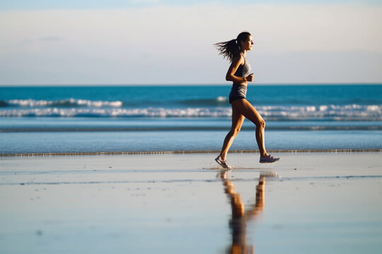  athletic beautiful young woman runs along the beach, goes in for sports in sportswear. 
