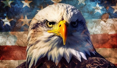 Watercolor painting an angry north american bald eagle on american flag.