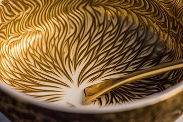 A close-up of a golden porcelain cup with latte art coffee. Generative AI