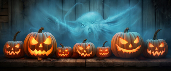 Glowing pumpkins, glowing eyes, fog, ghost, with copy space