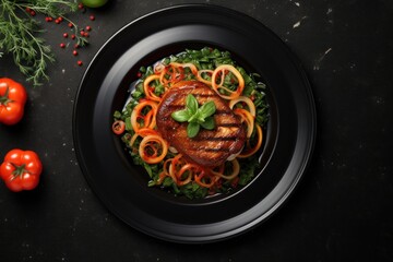 Delicious meal on a black plate, top view. AI generated