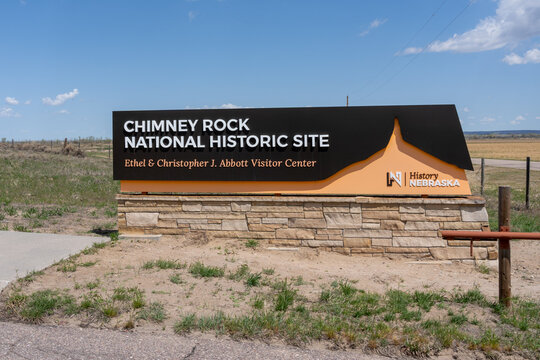 The Entrance Sign For Chimney Rock National Historic Site Ethel And Christopher J. Abbott Visitor Center In Morrill County In Western Nebraska, USA - May 8, 2023.