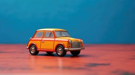 Yellow toy matchbox car, blue background; great for personal loans, car buying, leasing, dealership, banking.