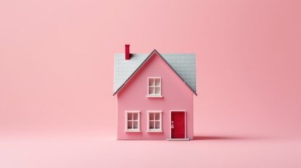 Model House Diorama, suburban home, pink background; ideal for banking, mortgages, property marketing, sales.
