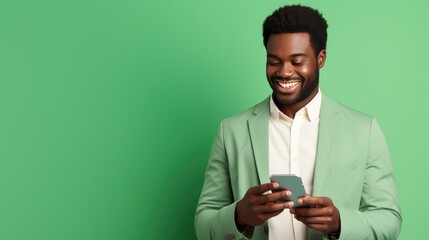 Black man smiling, fashionably dressed, checking smartphone against green background; ideal for online banking, marketing, sales, retail ads. Corporate design.