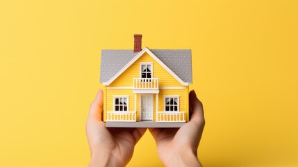 Hand holding model house, yellow background; for banking, mortgages, property marketing, sales.