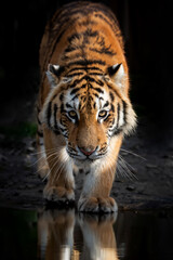 Fototapeta na wymiar Close adult tiger portrait reflection in water on dark background