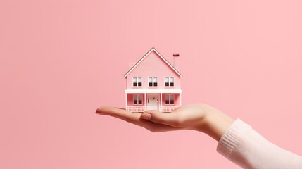 Fototapeta na wymiar Hand holding model house, pink background; for banking, mortgages, property marketing, sales.