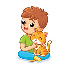 Cute boy sits with a kitten on a white background. Vector illustration with a child and an animal.