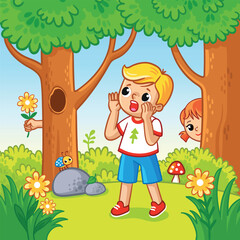 Boy in the forest calls for a lost girl. Vector illustration .