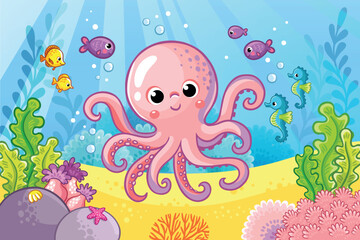 Cute octopus in the sea among fish and algae. Vector illustration with sea animal.