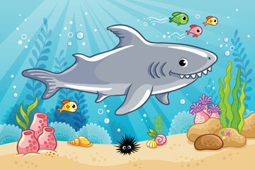 Naklejka na ściany i meble Cute shark in the sea among fish and algae. Vector illustration with dangerous fish.