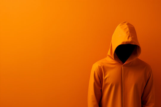 A man in a hooded jacket without a face. Merged with the background. Monochromatic shades of orange. Surreal and minimal style. Generative AI.