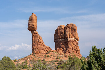 Fototapeta na wymiar Balanced Rock in Arches National Park, Utah, USA on May 20, 2023. Balanced Rock is one of the most popular features of Arches National Park. 