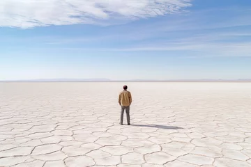 Foto op Plexiglas A man alone walking through the immensity of the salt flat. AI generated image. © HC FOTOSTUDIO