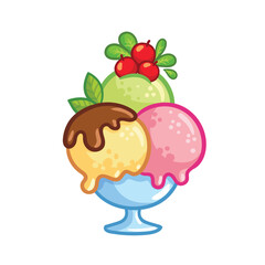 Dessert with balls of ice cream of different colors on a white background. Vector illustration with food.