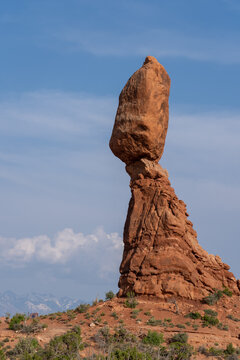 Balanced Rock in Arches National Park, Utah, USA on May 20, 2023. Balanced Rock is one of the most popular features of Arches National Park. 