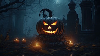 Creepy Halloween pumpkin in the cemetery.