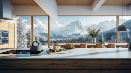 Contemporary living room, with a big window with natural views to snow mountains.
