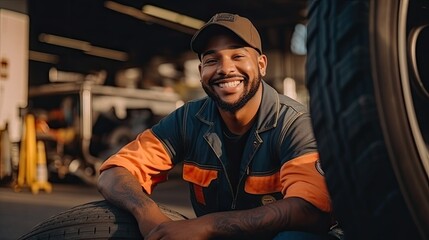 Portrait, male black mechanic smiling next to a tire.