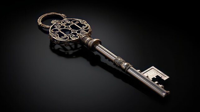 hyperrealistic portrayal of a single house key suspended from a keychain copy space 16:9