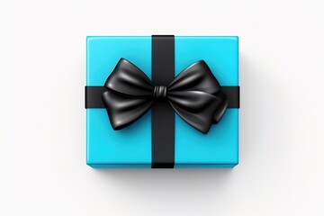 Realistic blue gift box with silk black bow. Presented in flat lay style.