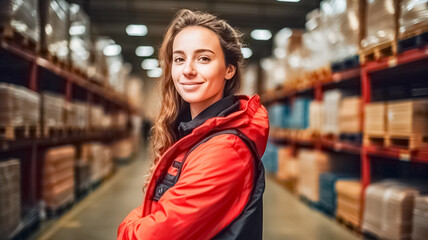 Portrait of happy young woman warehouse worker wearing safety jacket looking at camera.
 - obrazy, fototapety, plakaty