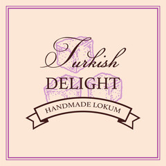 Turkish delight logo template. Vector illustration in sketch style. Design for branding and packaging. Eastern sweet. Asian culture