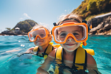 Two happy children in snorkeling masks swimming in the sea. Generative AI - obrazy, fototapety, plakaty