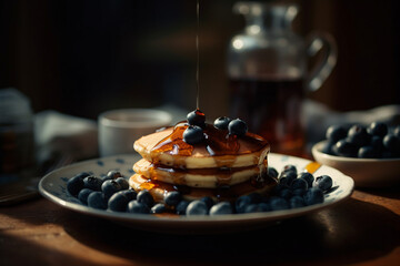 Blueberry pancakes with maple syrup, Food, bokeh  - obrazy, fototapety, plakaty