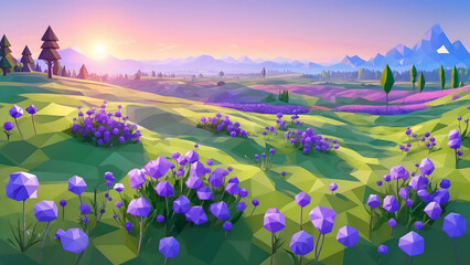Beautiful panorama rural landscape with sunrise and blossoming meadow. purple flowers flowering on spring field, Phacelia
