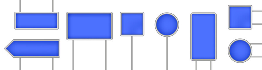 Set of blue tablets, hanging panels, signboards with pointer isolated on a transparent background. Round and square signposts. 3D metal roadside pointers. Blank billboard