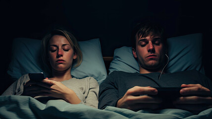Fototapeta premium siding Couple Couple sleep with smartphones in their bed. Mobile phone addiction. Bored distant couple ignoring each other lying in bed at night while using mobile phones.generative ai