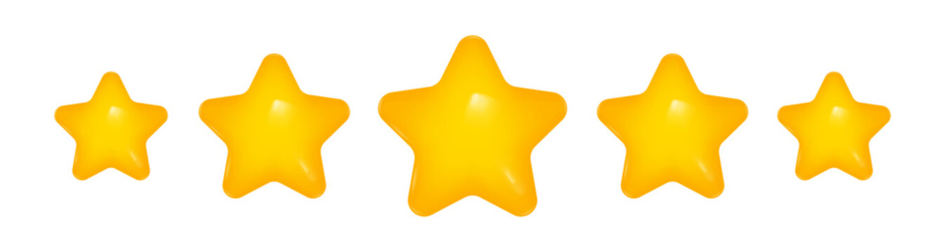Five star rating, customer feedback concept. 5 yellow stars, glossy 3d vector illustration. Ranking, product rating, review. Top rated product	