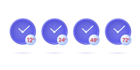 3D Set of arrows clock and time icons. 12, 24, 48, 72 hours. Time-keeping and measurement of time.