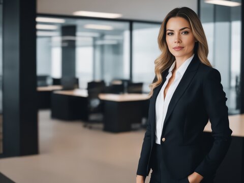 Portrait of a professional woman in a suit. Business woman standing in an office