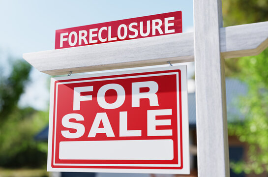 Foreclosure For Sale Real Estate Sign In Front of House. No property release needed - this is a 3D rendering.