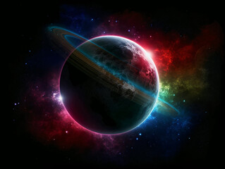 Fototapeta na wymiar alien planet eclipse, radiant colors and cosmic rings in deep Space, generative ai