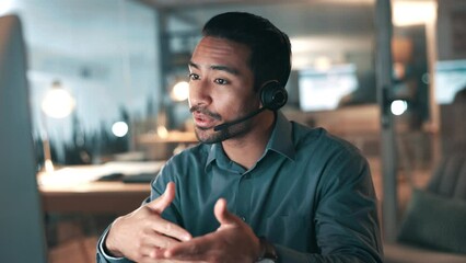 Call center, consulting and night with business man in office for customer service, communication or conversation. Help desk, contact us or telemarketing with employee for technical support and sales - Powered by Adobe