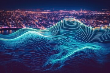 An abstract digital wave covering a river in a nocturnal megacity represents the Internet of Things and wireless connectivity in a smart city concept. Generative AI - obrazy, fototapety, plakaty