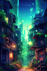 Obraz premium Night city. Megapolis. Night street. Full moon. Generative AI