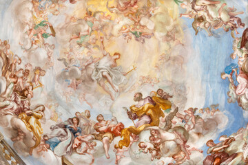 GENOVA, ITALY - MARCH 6, 2023: The detail of fresco Triumph of the Cross  from cupola in the church...