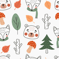 Cute autumn pattern with bear, fox and trees